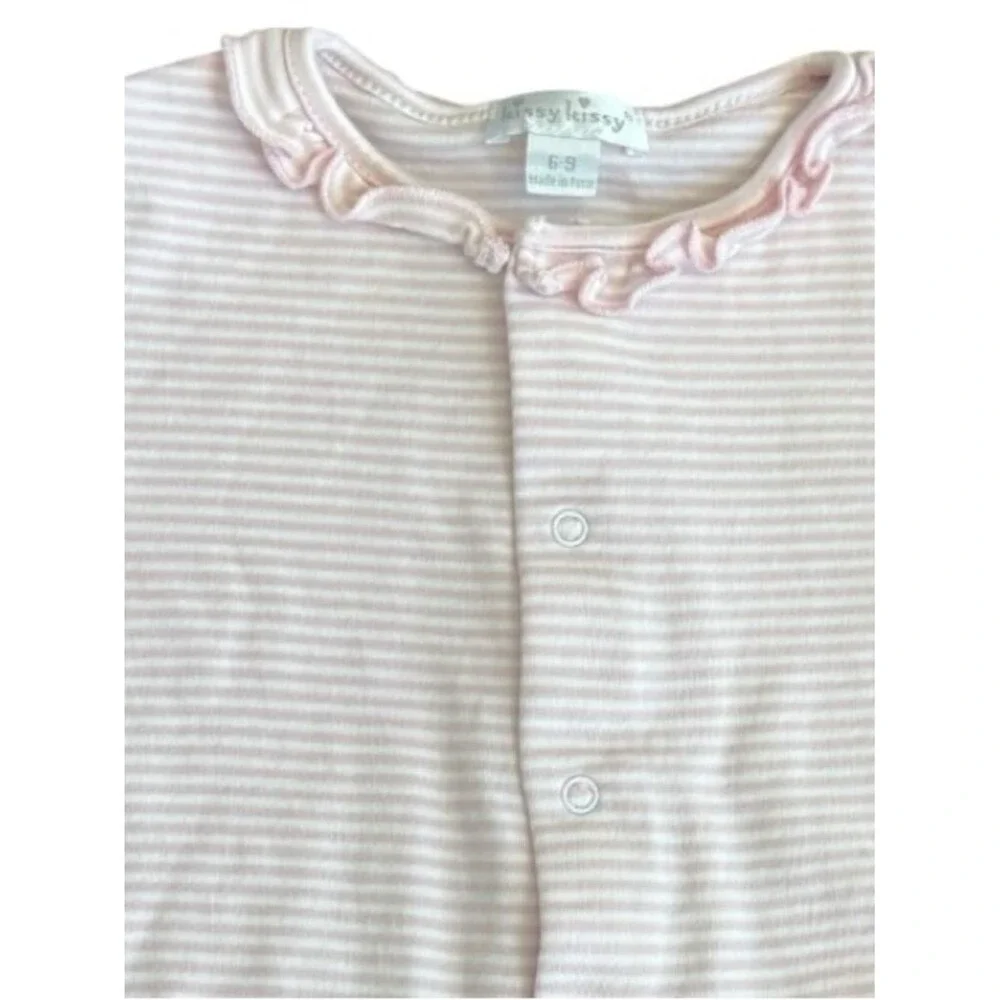 Kissy Kissy Baby Long Sleeve Pink & White Stripe One Piece Outfit. 6-9 Months.